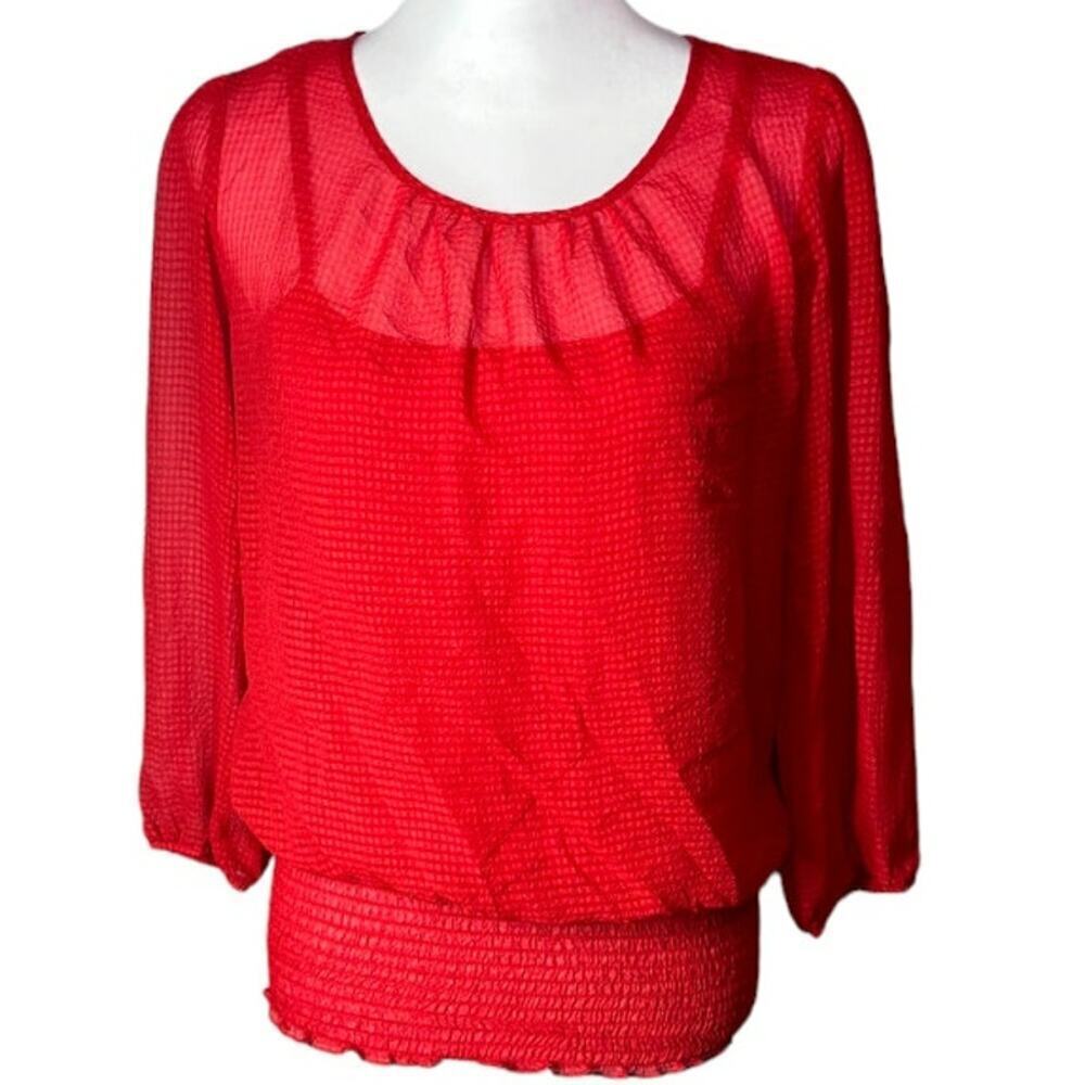 A.Buyer Layered Red Blouse Lace Back Cut Out 3/4 Sleeve Banded Bottom Size Med